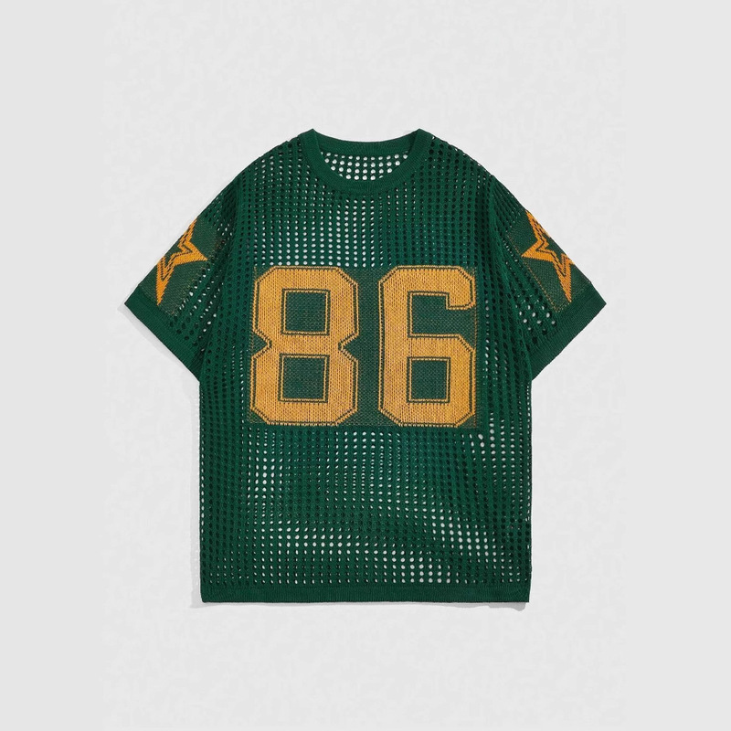 Cross-border Trend Europe and America Summer 86 Amazon Knitted Round Neck Jersey Loose Short-sleeved Long-sleeved Hollow T-shirt Sweater