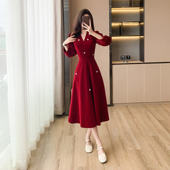 法式复古酒红敬酒服新娘订婚高级感回门礼服裙气质轻奢连衣裙日常