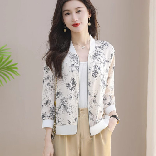 UV-proof thin breathable chiffon zipper sunscreen clothes large size loose short long sleeve women's floral jacket