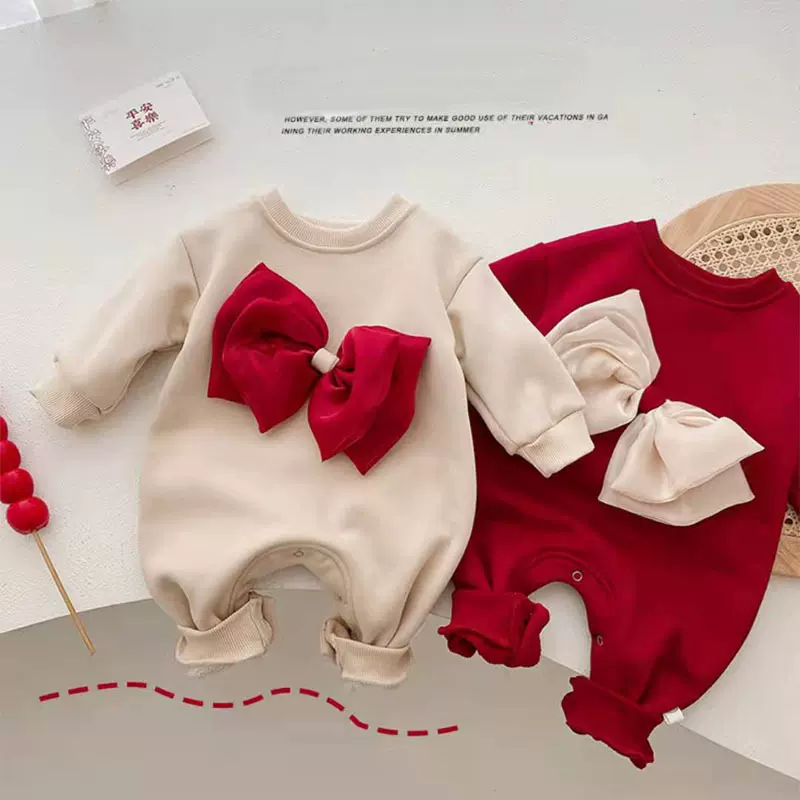 韩版ins婴幼儿拜年服新生儿加绒连体衣爬爬服冬季宝宝蝴蝶结长爬