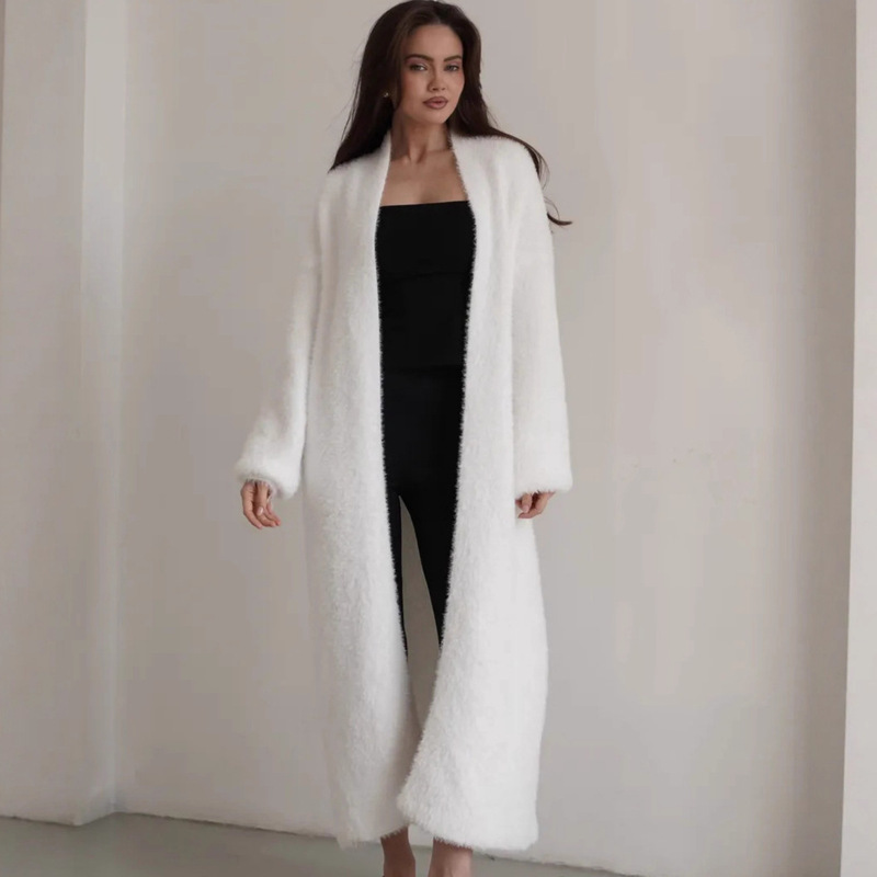 White Long Fluffy Cardigan Knitwear for Women in Autumn and Winter Pure Color Thickeneded Loose Lazy Style Imitation Mink Velvet Knitwear Jacket