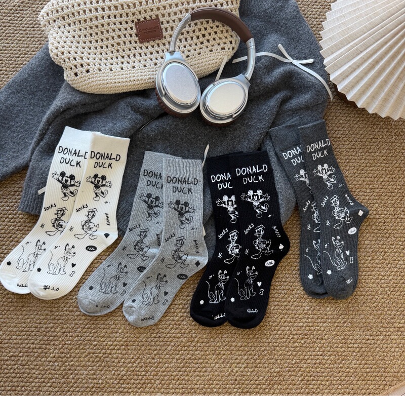 Autumn Handmade Graffiti Spray-Painted Mickey Mouse Cool Trendy Women's Socks Japanese and Korean Personality Mid-Calf Socks Ins Sports Socks