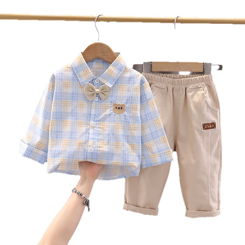 Jongensoutfit 2025 Nieuwe modieuze kinderstrik met beeroverhemd, lange mouwen, tweedelig setje, lente- en herfstkleding, trendy_voghion.com