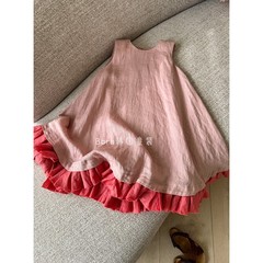 ボラ韓国の子供服の女の子のワンピースの中で大きい子供の2025夏服の新型の薄い王女のピンクのベストのスカート