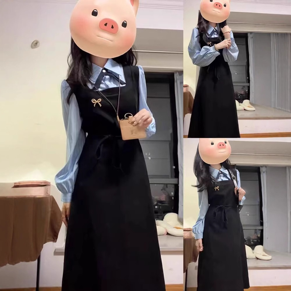 假两件学院风长袖连衣裙子女春秋季2025新款教资面试韩系穿搭套装