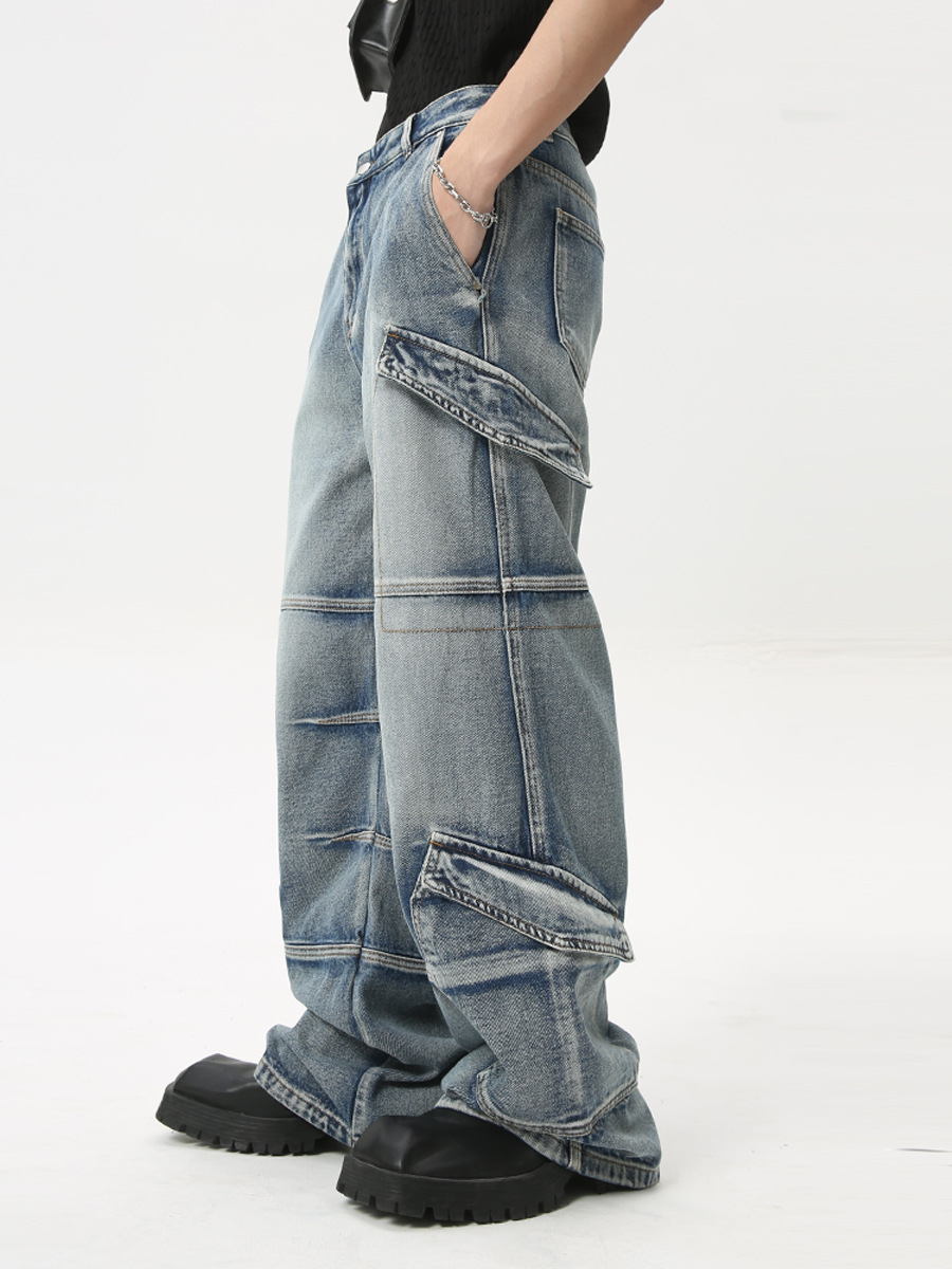 MTLCLOTHES para hombre | 2024 verano nuevo producto American Heavy Industries deconstruido multibolsillos pantalones vaqueros de trabajo de pierna ancha