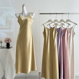 新款感紫色缎面缎面新中式连衣裙女夏季叠穿长款国风吊带裙子欧美