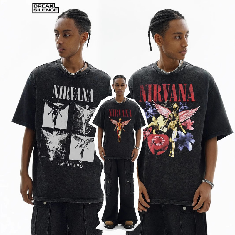 Nirvana Rock American Retro Short-Sleeved T-Shirt Washed Heavy Cross-Border Printing Beauty Trendy Vintage Men