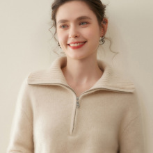 轻奢宽松山羊绒衫女半拉链简约加厚毛衣时尚针织半高领套头打底衫