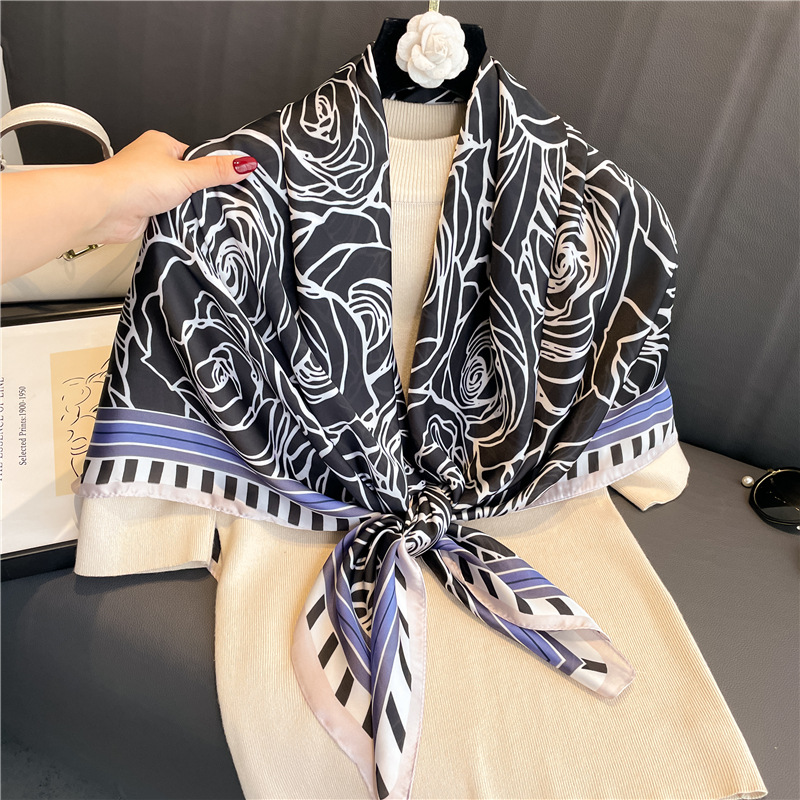 Silk Scarf Rose Pattern Lightweight Versatile Shawl For Women_voghion.com