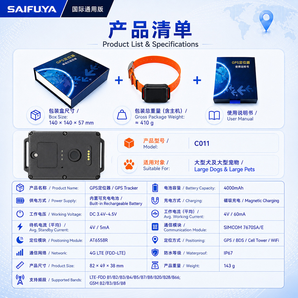 Pet GPS tracker for large猎犬，防丢设备，海外国际通用版，谷哥多语言大容量。
