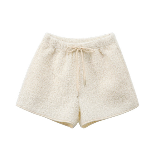 Uncle radish lamb cashmere shorts, women's winter casual pants, high-waist retro warm fluffy pants, loose wide-leg pants,