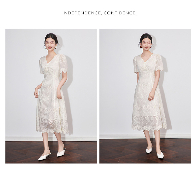 Đầm maxi nữ cổ chữ V thêu ren Tencel dáng dài mùa hè — Màu trắng chi tiết 8