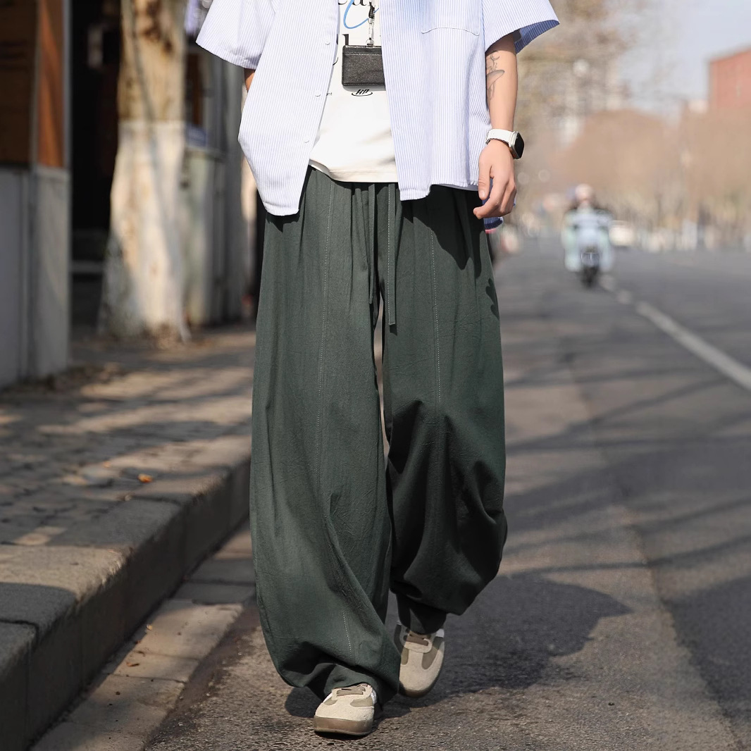 Japanese-Style Relaxed Cotton and Linen Pants for Men, New Spring and Summer Large Size Straight Casual Pants, Men's Wide-Leg Lantern Long Pants