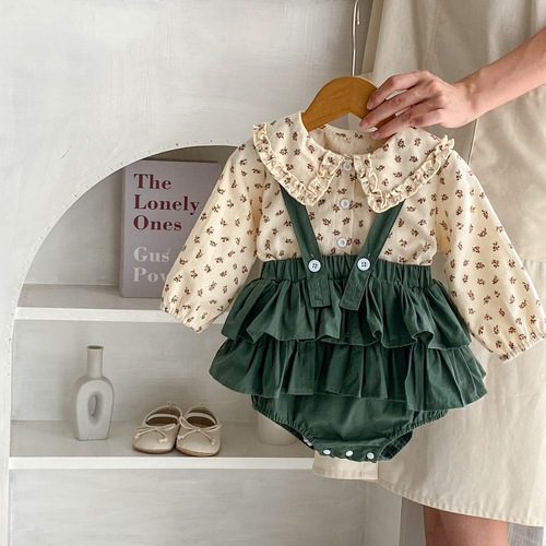  Autumn Clothes for Infants and Children 0-3 Years Old Baby Girl Green Suspenders + Floral Long Sleeve Fungus Collar 2-piece Set