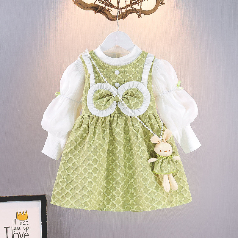 Ropa infantil de niñas vestido de primavera 2025 nuevo bebé vestido de princesa verde estilo coreano estilo extranjero primavera y otoño