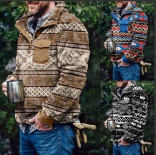 Aliexpress Amazon Cross-Border Autumn and Winter Men's European and American Casual Flannel Plush Sweatshirt Button Pocket Sweater