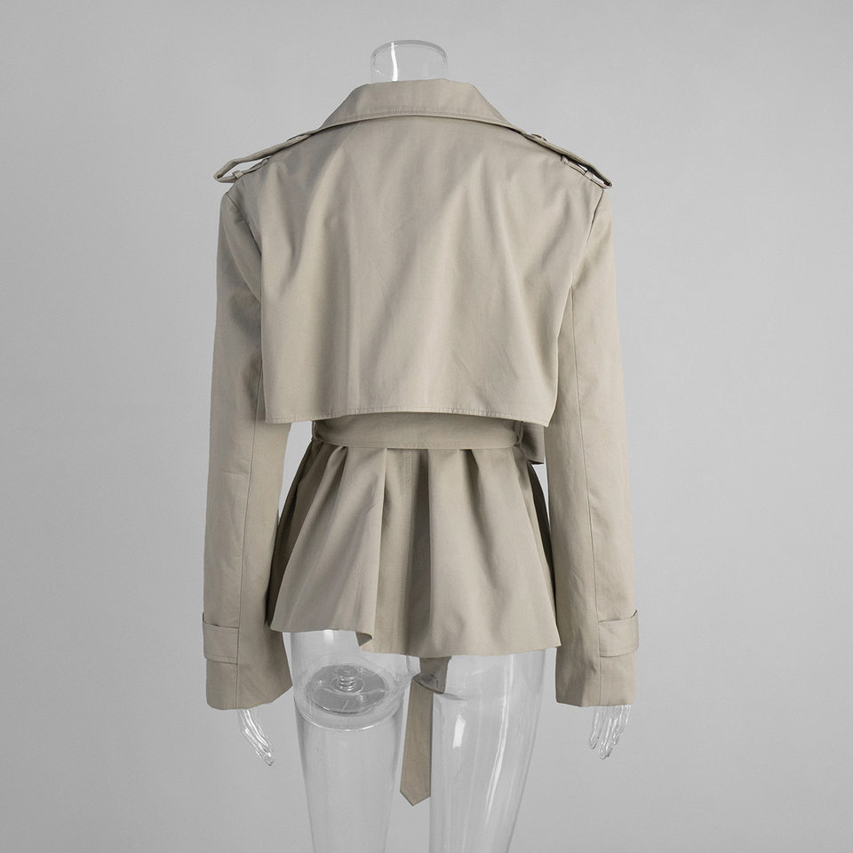 Áo khoác trench coat nữ dáng dài cổ ve, thắt eo phối đai, tay dài — Kaki chi tiết 5