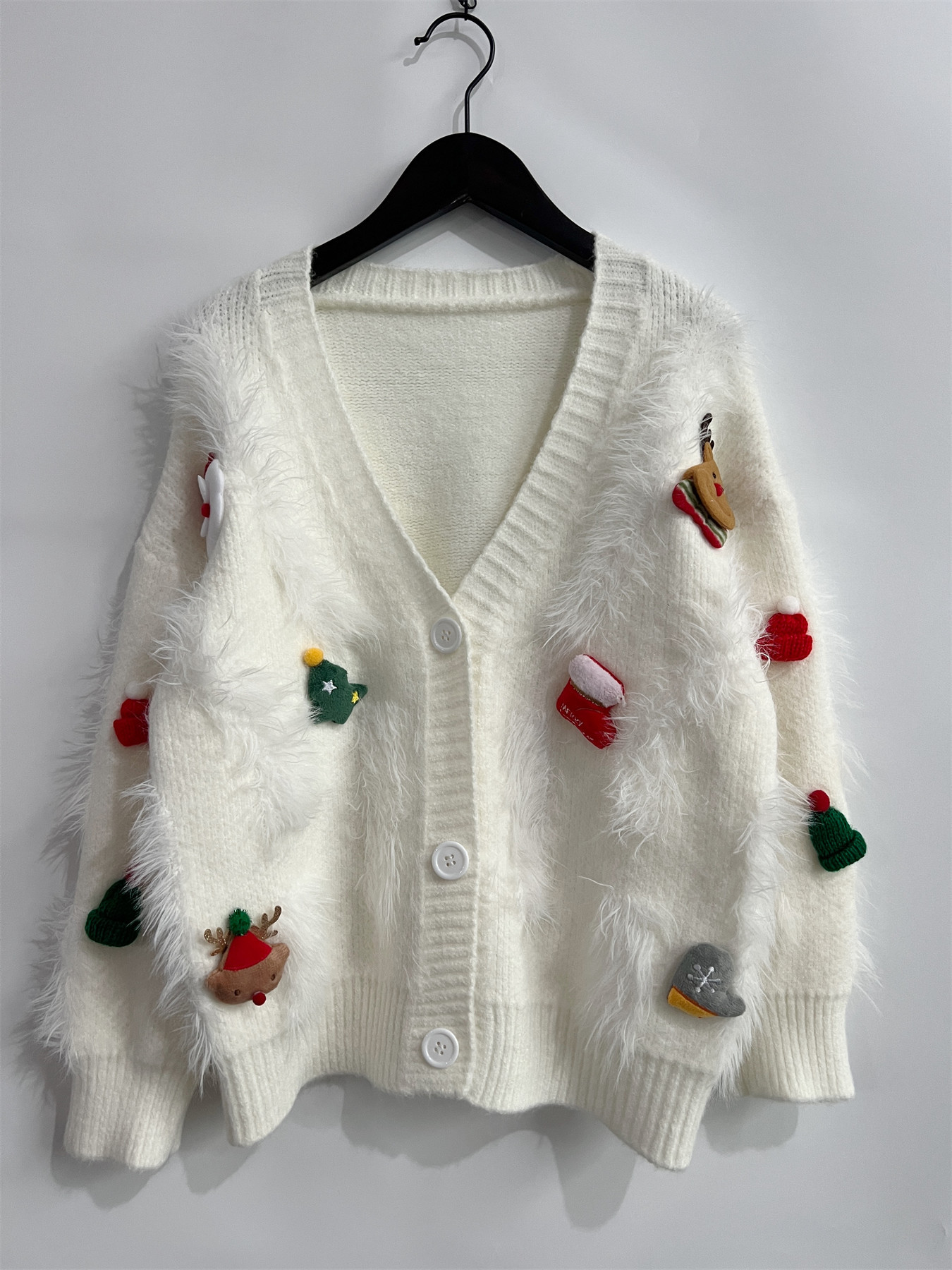 Damen Weihnachtskardigan In Rot Mit Nerzoptik Und Applikation_voghion.com
