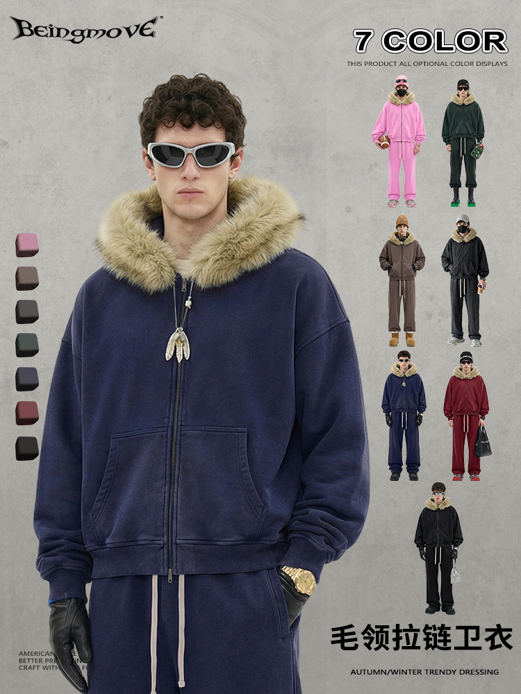 Calle secada| Otoño y invierno retro lavado con agua Boxy Cardigan con gorra y chaqueta de terciopelo para hombres