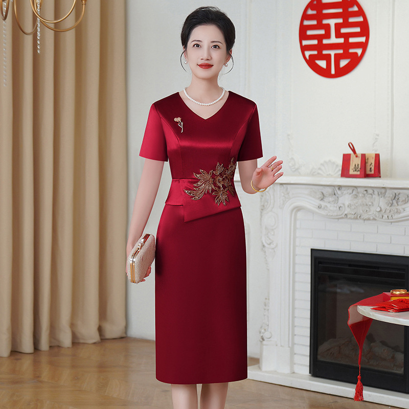 婚礼妈妈婚宴礼服喜婆婆装敬酒夏装新款连衣裙修身显瘦红色连衣裙|undefined