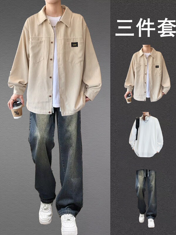 Long-Sleeved Shirts for Boys, Spring and Autumn Suits, Handsome Casual Shirts for Teenagers, a Complete Set of Jeans
