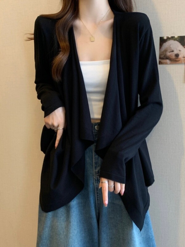 Black Collared Ice Silk Knit Cardigan for Women, Spring Fashion, Plus Size, Slimming, Tummy-Concealing, Mid-Length, Sun-Protective Outerwear Black Collared Ice Silk Knit Cardigan for Women, Spring Fashion, Plus Size, Slimming, Tummy-Concealing, Mid-Length, Sun-Protective Outerwear