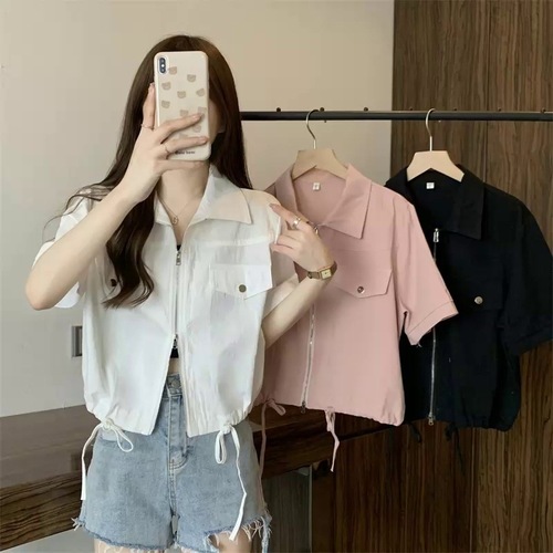Polo-collared double zipper work-style short-sleeve shirt summer women's American short-length turnover collar jacket top