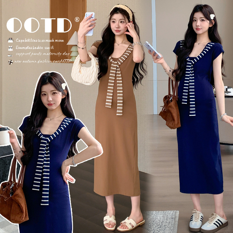 Maternity Wear Summer Fashion New Casual Striped Shawl Fake Two-Piece Slimming Waist-Slimming Age-Reducing Dress