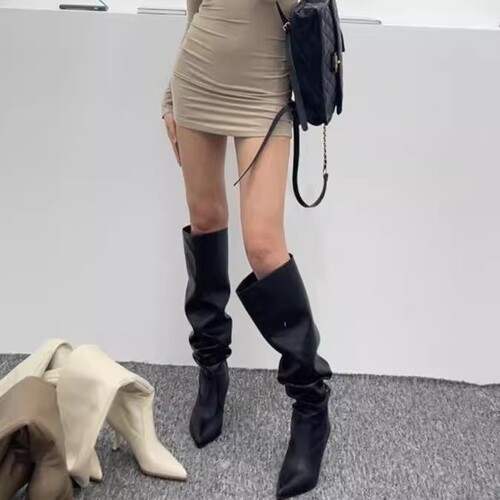 Fine heels, all-match autumn and winter, high tube folds, not reaching the knees, showing slimming season long boots, women's piled long boots, high heels, foreign style