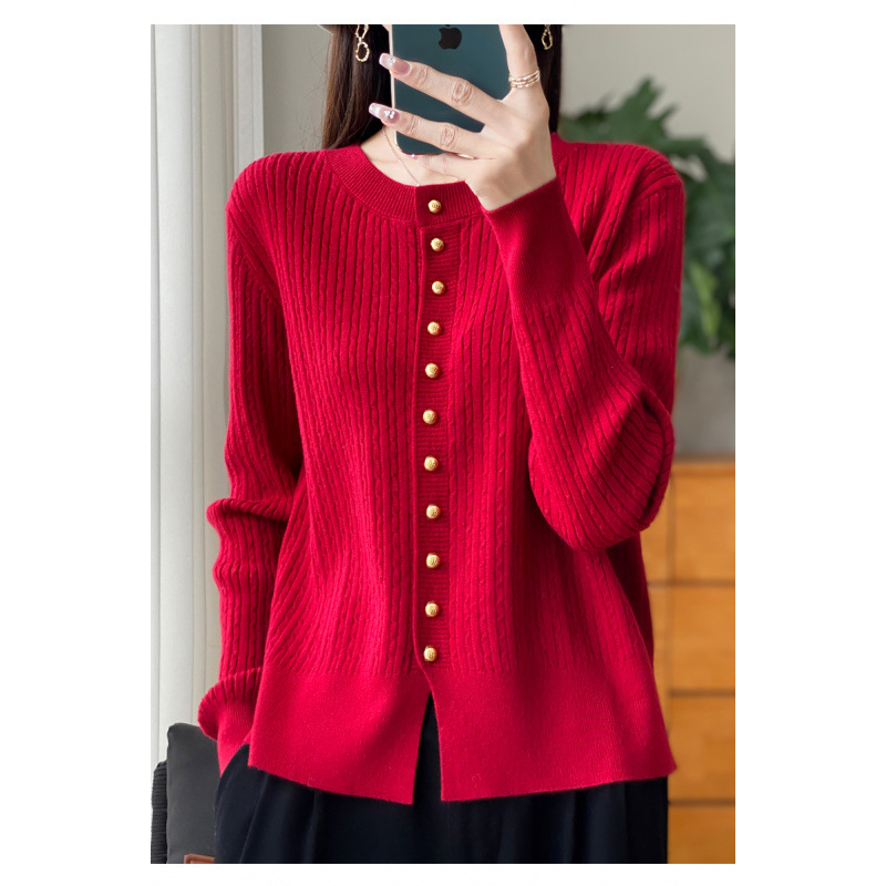 Primavera y otoño de alta calidad invierno nuevo estilo de cuello redondo jersey de punto cardigan suéter de mujer chaqueta suelta flor de nézel con camisa de base