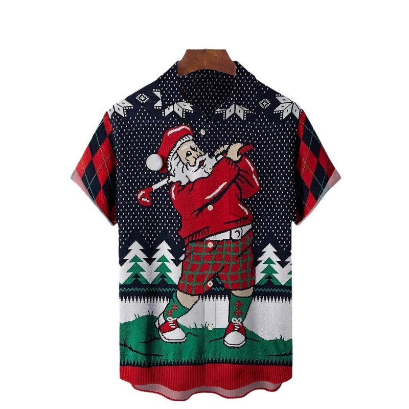 Holiday Blue Men's Fun Cartoon Santa Golf Art Plaid Camp Pocket Shirt