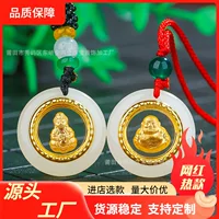 Золотой инкрустированный нефритом Guanyin кулон храбрые времена, чтобы запустить мужские и женские безопасности пряжки ожерелье Золото Hetian нефрита Майтрейя Будда оптом