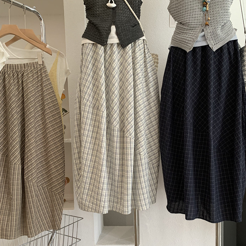 Omalai Korean-Style Simple Plaid Skirt, Summer Fashion, Loose Fit, Slimming, Versatile, Mid-Length A-Line Skirt 7190