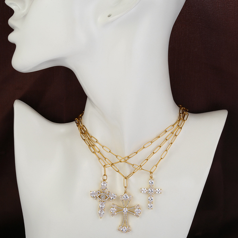 Fashion Cross Copper Inlay Zircon Pendant Necklace 1 Piece