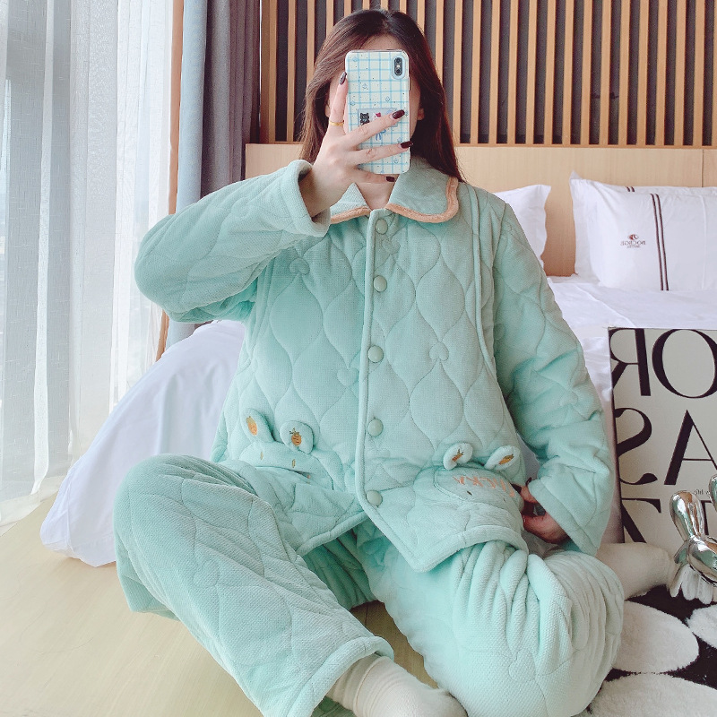 加厚婴儿绒夹棉卡通出院服产后孕妈哺乳喂奶防走光保暖套装冬季