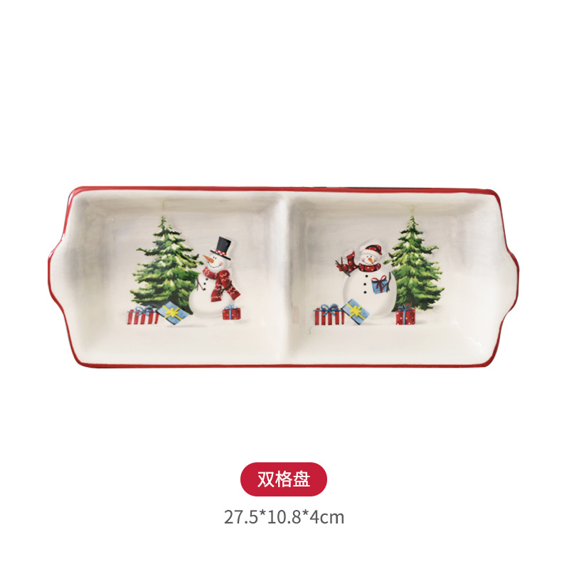 País nórdico Navidad muñeco de nieve placa de cerámica en relieve de cerámica de estilo occidental Placa de cuatro rejillas Placa de rejilla multifuncional Placa de dos rejillas