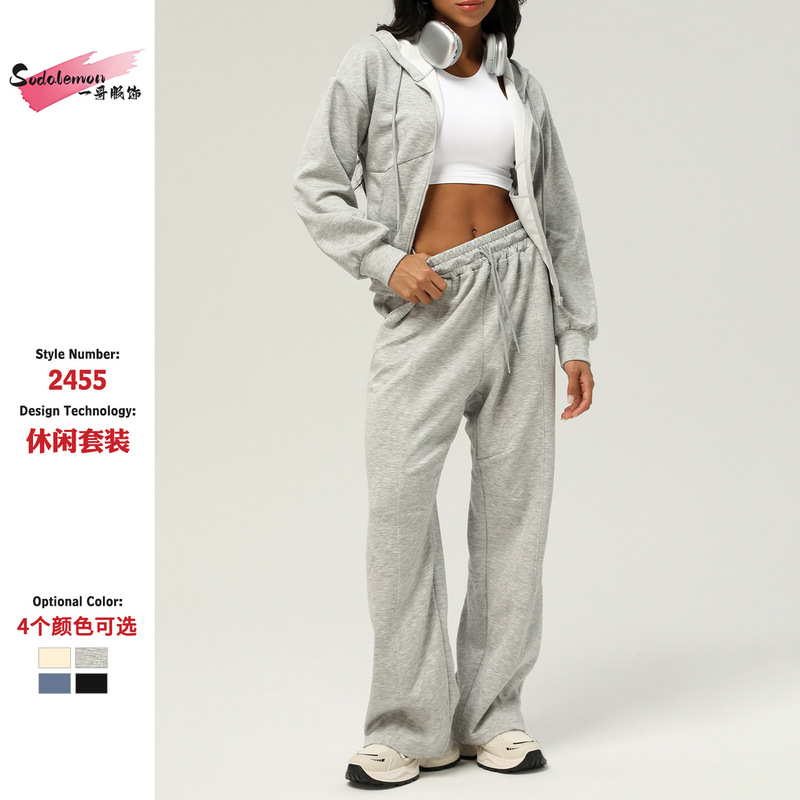 Foreign Trade New Sportswear Autumn and Winter Two-piece Casual Pants Loose Hooded Jacket Outdoor Running Fitness suit