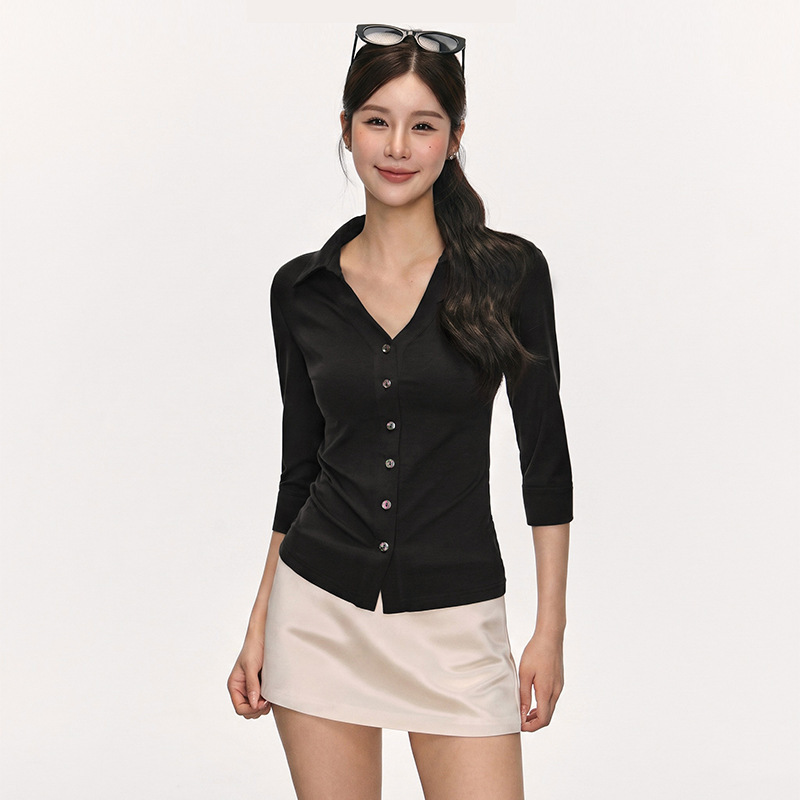 Black shirt made of modal fabric for women, early autumn design, niche style, slim fit, versatile, American-style spicy girl top Black shirt made of modal fabric for women, early autumn design, niche style, slim fit, versatile, American-style spicy girl top