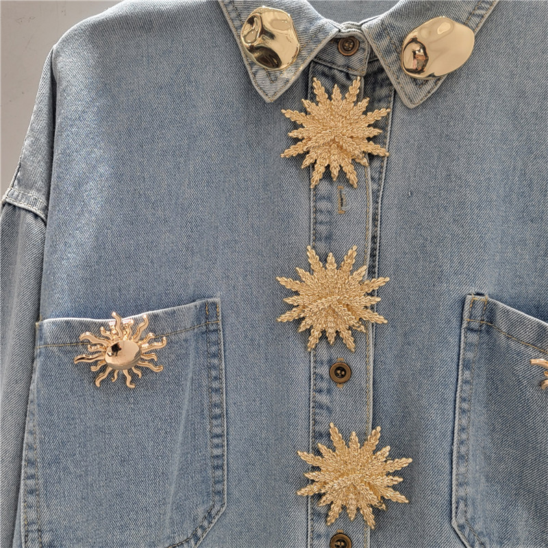 Botón de metal flor de moda camisa vaquerina 2026 primavera nueva camisa vaquerina de manga larga retro