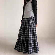 秋季新韩国复古学院风格子拼接大裙摆蓬蓬长裙半身裙日系少女