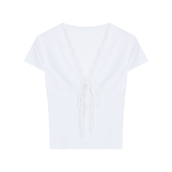 MR 【カット自由】レースステッチストラップVネック半袖Tシャツ レディース 夏 ピュアデザイントップス|undefined