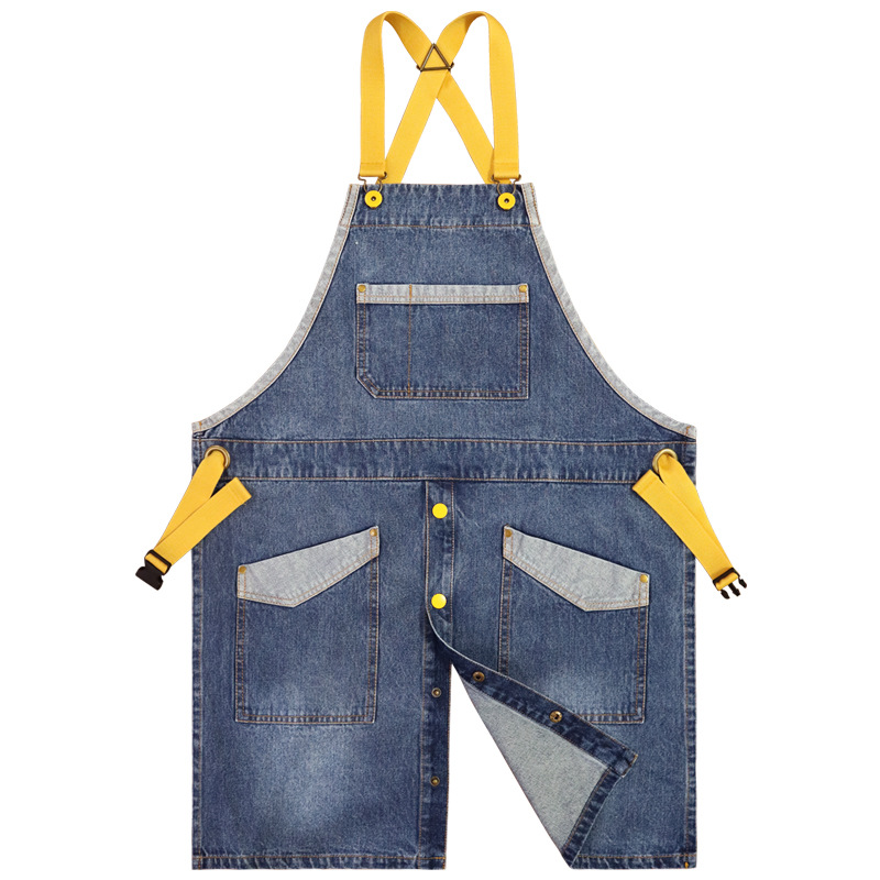Comercio exterior agua lavada denim delantal barbero tostador café jardinería restaurante ropa de trabajo nuevo delantal de moda de color contraste