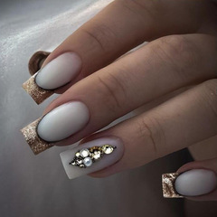 Cross-border French-style gold shimmer powder white water diamond false nail stickers, fashionable minimalist handmade wearable nails manicure set