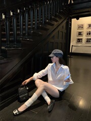 白色衬衫法式气质Polo领长袖衬衣女秋季小众休闲宽松百搭chic上衣
