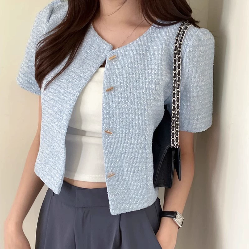 Корейская шикарная летняя однобортная свободная и универсальная шерстяная короткая куртка во французском стиле с круглым вырезом и пышными рукавами для женщин