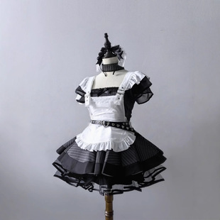 Retro Black and White Stripesd Lolita Maid Outfit Subculture Japanese Style Cute Apron Suit Cosplay Dress