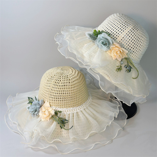 New French lace pearl flower fisherman hat for women, summer foldable sunshade travel vacation sun protection hat