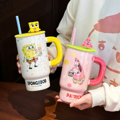 スポンジ赤ちゃんストローカップお土産誕生日プレゼント女性セラミックカップ家庭用寮用マグカップ蓋付き