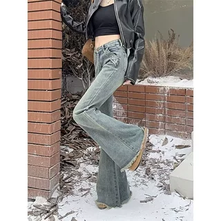 复古设计感高腰微喇叭牛仔裤女春夏新款修身显瘦百搭马蹄裤子ins